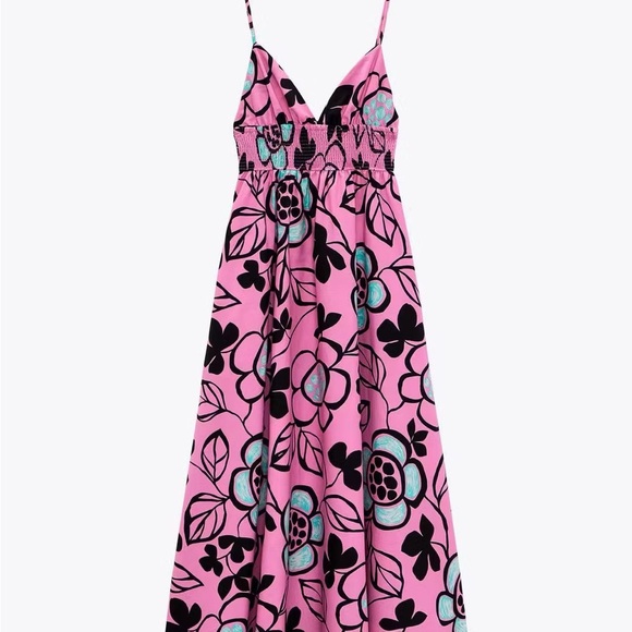 Zara Pink Blue and Black Printed Maxi Poplin Dress size XS - Picture 2 of 10